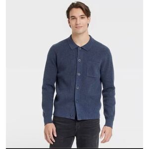 Men's Collared Knit Cardigan Sweater Goodfellow & Co Navy Blue Large Ribbed